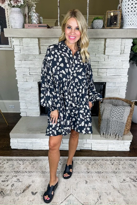 Women's Evening Wear Outfit You'Ll Love Us Because Black & White Floral Smocked Sleeve Button Down Tiered Dress Women's Evening Wear Outfit You'Ll Love Us Because Black & White Floral Smocked Sleeve Button Down Tiered Dress