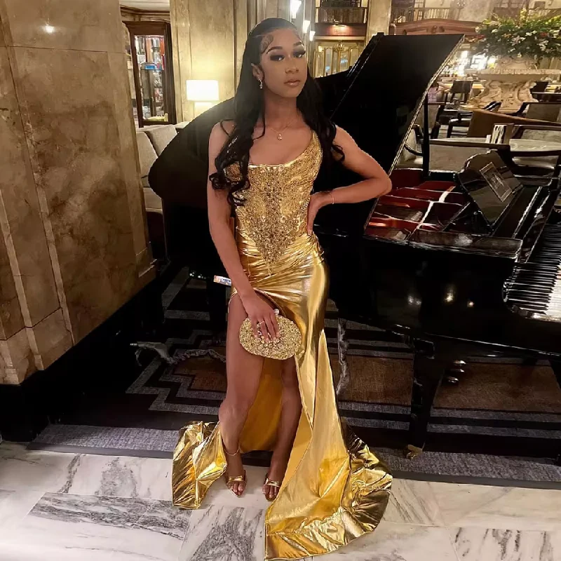 Women's Comfortable Garments Flash Deals One Shoulder Golden Appliques Satin Dress With Slit Floor Length Elegang Mermaid Dresses Custom Made Women Clothing Free Shippin Women's Comfortable Garments Flash Deals One Shoulder Golden Appliques Satin Dress With Slit Floor Length Elegang Mermaid Dresses Custom Made Women Clothing Free Shippin