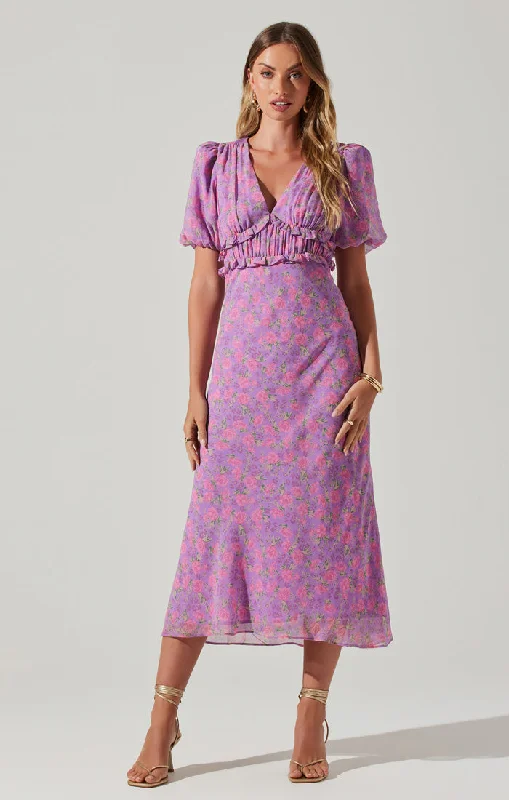 Affordable Women's Garments Romantic Detailing Esperanza Purple Pink Floral Dress