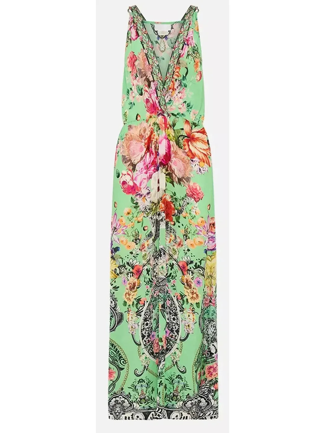 Women's Layered Outfit Valentine's Special Printed Low-Cut Sleeveless Silk Maxi Dress in Green Women's Layered Outfit Valentine's Special Printed Low-Cut Sleeveless Silk Maxi Dress in Green
