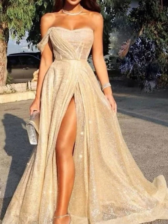 Affordable Trendy Clothes For Women Sophisticated Outfits A-Line Sparkle Sexy Engagement Prom Dress Strapless Sleeveless Sweep / Brush Train Sequined with Pleats Split Affordable Trendy Clothes For Women Sophisticated Outfits A-Line Sparkle Sexy Engagement Prom Dress Strapless Sleeveless Sweep / Brush Train Sequined with Pleats Split