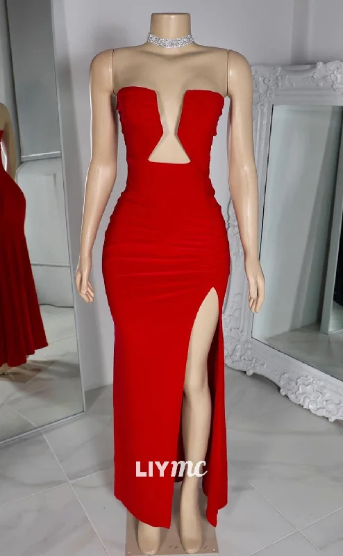 Luxury Women's Clothes Relaxed Style LP2222 - V-Neck Cut Outs Sleeveless High Slit Sleek Prom Dress