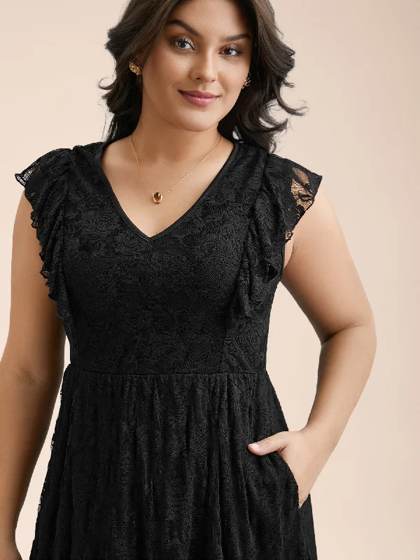 Women's Evening Attire Summer Essentials Lace Ruffled Sleeve Waist-Cinched Midi Dress Women's Evening Attire Summer Essentials Lace Ruffled Sleeve Waist-Cinched Midi Dress