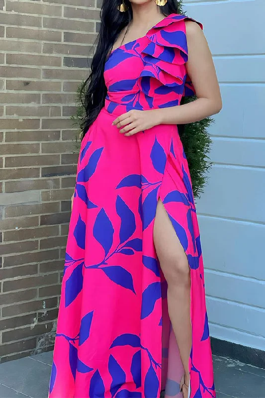Women's Sporty Clothes Last Chance Sale Leaf Print Ruffles One Shoulder Elegant High Split Maxi Dress Women's Sporty Clothes Last Chance Sale Leaf Print Ruffles One Shoulder Elegant High Split Maxi Dress