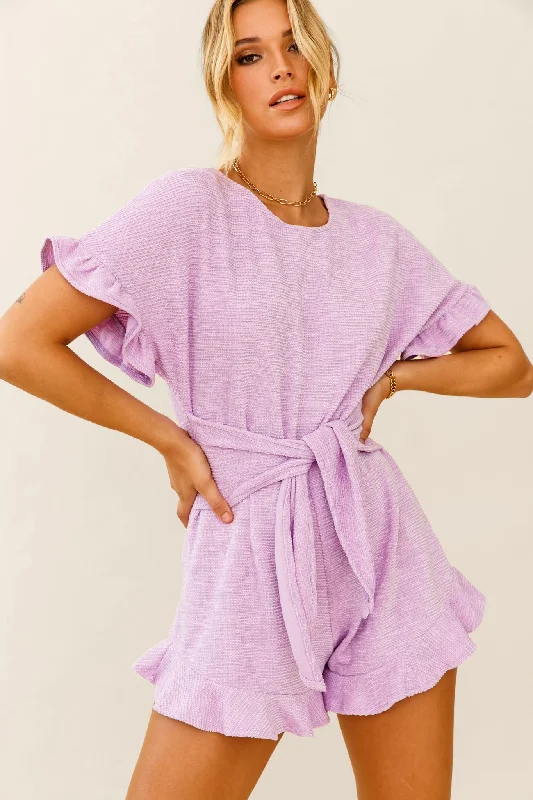 Women's Seasonal Clothing Relaxed Style Feelin' Blessed Waist-Tie Frill Trim Romper Lilac Women's Seasonal Clothing Relaxed Style Feelin' Blessed Waist-Tie Frill Trim Romper Lilac