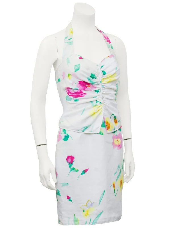 Women's Travel Garments Romantic Date - Night Ensemble White Floral Halter Dress
