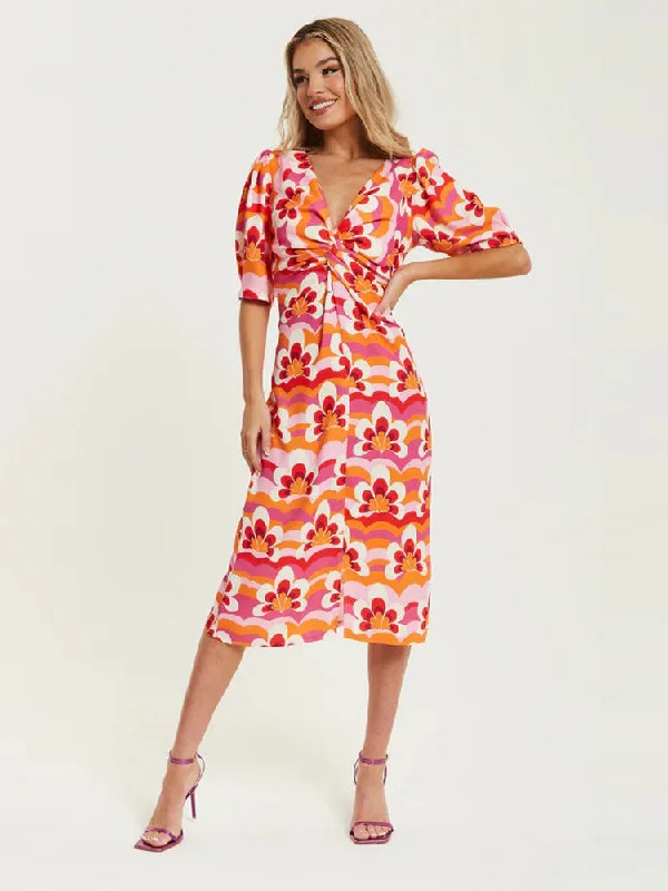 Women's Trendy Activewear Apparel Exclusive Discount ACL Floral Knot Midi Dress Orange Women's Trendy Activewear Apparel Exclusive Discount ACL Floral Knot Midi Dress Orange