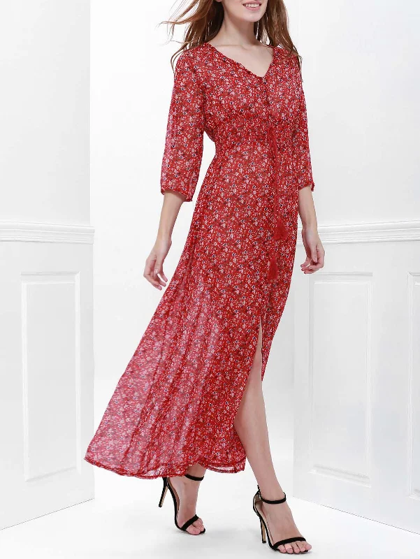 Women's Luxury Garments Chic Sophistication Printed High Slit Maxi Dress with Sleeves - Red - L Women's Luxury Garments Chic Sophistication Printed High Slit Maxi Dress with Sleeves - Red - L