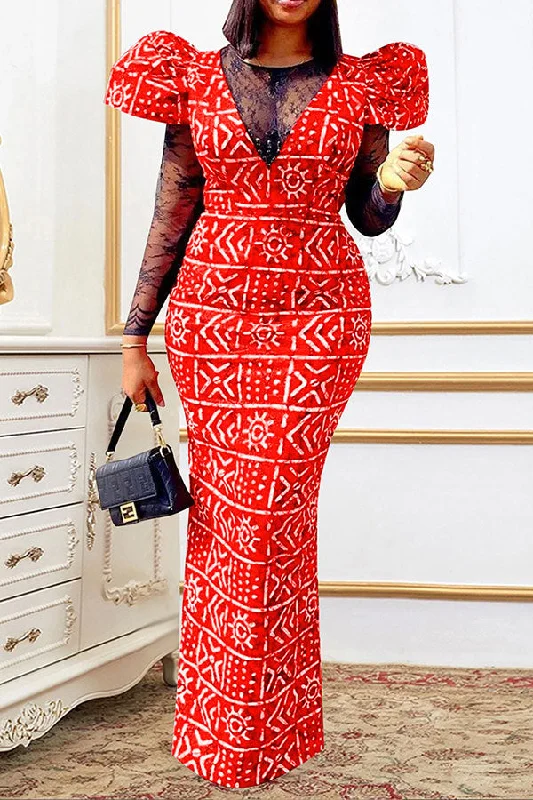 Casual Attire For Women Big Savings Lace Patchwork Retro Tribal Print Maxi Dress