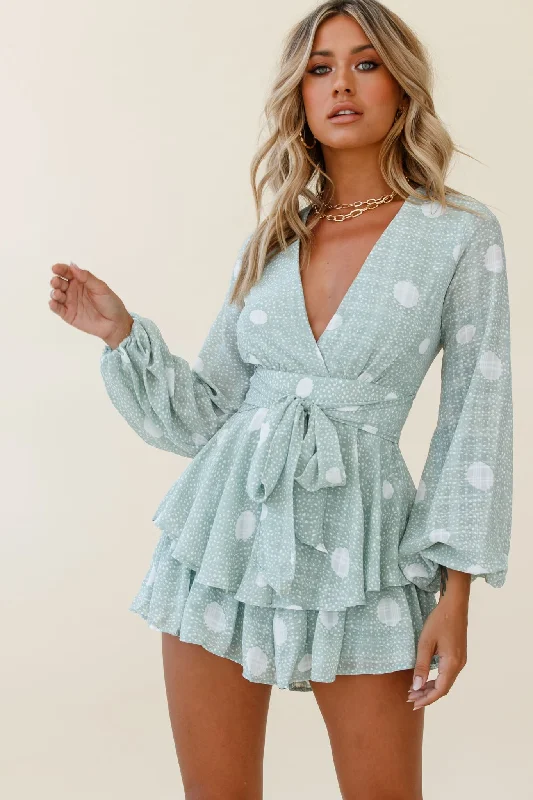Women's Transitional Outfit Bold Patterns Maddox Fit & Flare Long Sleeve Romper Polka Dot Print Green Women's Transitional Outfit Bold Patterns Maddox Fit & Flare Long Sleeve Romper Polka Dot Print Green