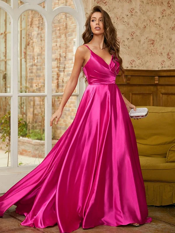 Women's Garments Flash Sale A-Line/Princess Elastic Woven Satin Ruched V-neck Sleeveless Sweep/Brush Train Dresses Women's Garments Flash Sale A-Line/Princess Elastic Woven Satin Ruched V-neck Sleeveless Sweep/Brush Train Dresses