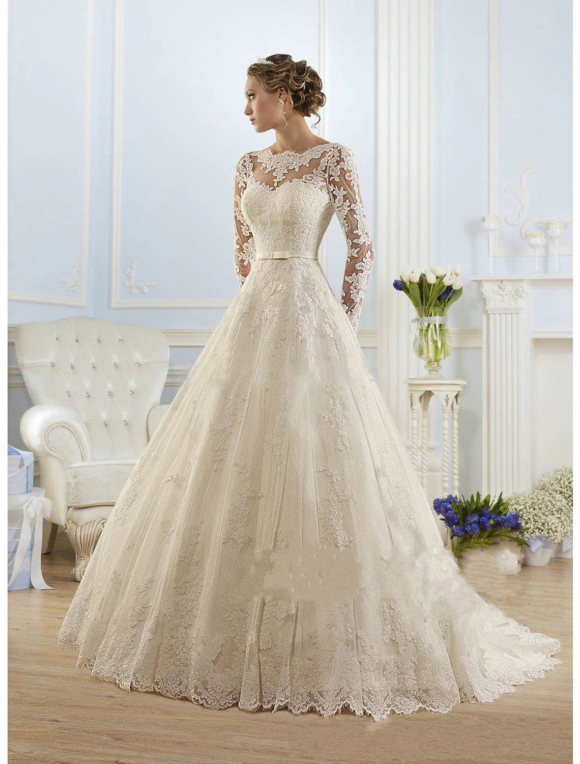 Women's Athletic Apparel Elegant Clothing Engagement Formal Fall Wedding Dresses Ball Gown Illusion Neck Long Sleeve Court Train Lace Church Bridal Gowns With Appliques  Summer Wedding Party, Women‘s Clothing