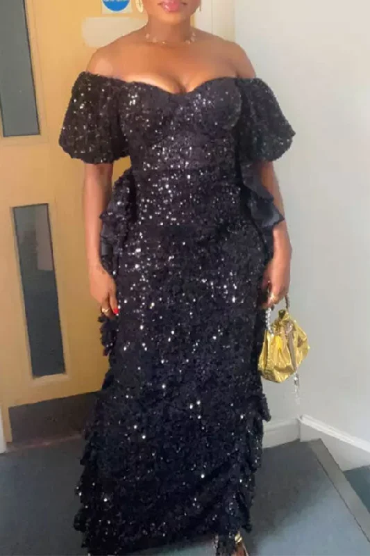 Women's Formal Event Clothing Exclusive Sale Sequined Sparkly Puff Sleeve Side Ruffles Maxi Dress Women's Formal Event Clothing Exclusive Sale Sequined Sparkly Puff Sleeve Side Ruffles Maxi Dress