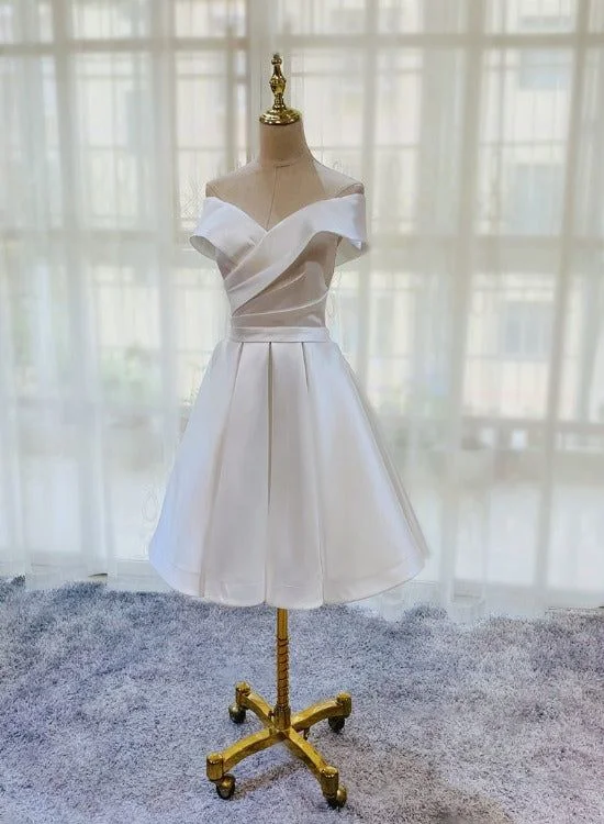 Women's Wedding Apparel Hot Styles White Simple Satin Off Shoulder Knee Length Party Dress, Graduation Dress Prom Dress      S2759