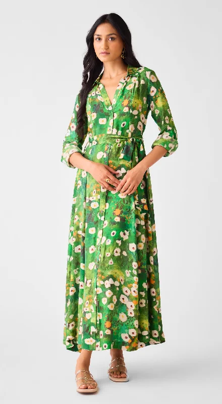 Women's Evening Attire Minimalist Elegant Green Muslin Floral Long Dress