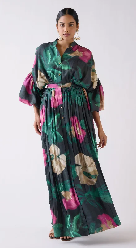 Women's Formal Event Attire Flowing Silhouette Green Muslin Floral Dress