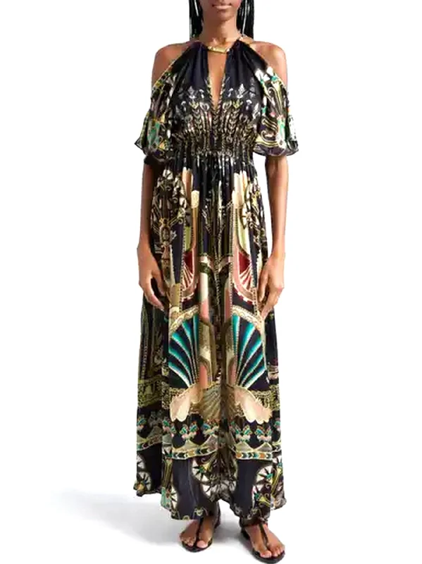 Women's Outerwear Apparel Graceful Drape Cold-Shoulder Printed Maxi Dress with Neck Piece