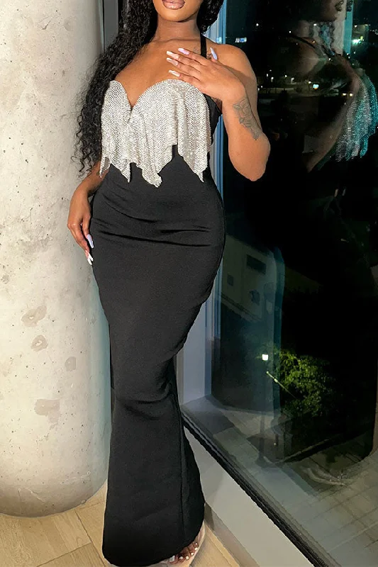Women's Casual Apparel For Weekends Vintage Retro Party Wear Hit Color Sparkly Rhinestone Ruffle Maxi Dress Women's Casual Apparel For Weekends Vintage Retro Party Wear Hit Color Sparkly Rhinestone Ruffle Maxi Dress