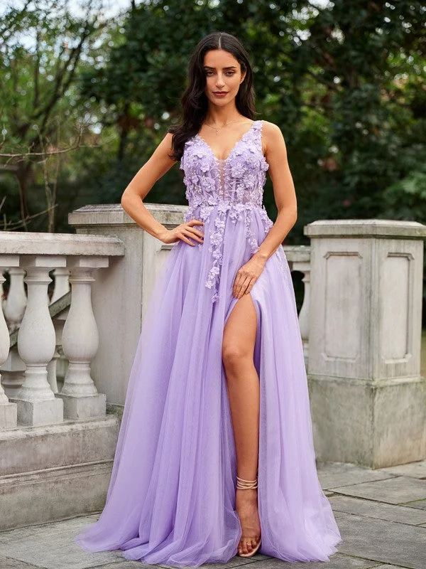 Women's Vacation Garments Spring Fashion A-Line/Princess Tulle Applique V-neck Sleeveless Floor-Length Dresses Women's Vacation Garments Spring Fashion A-Line/Princess Tulle Applique V-neck Sleeveless Floor-Length Dresses
