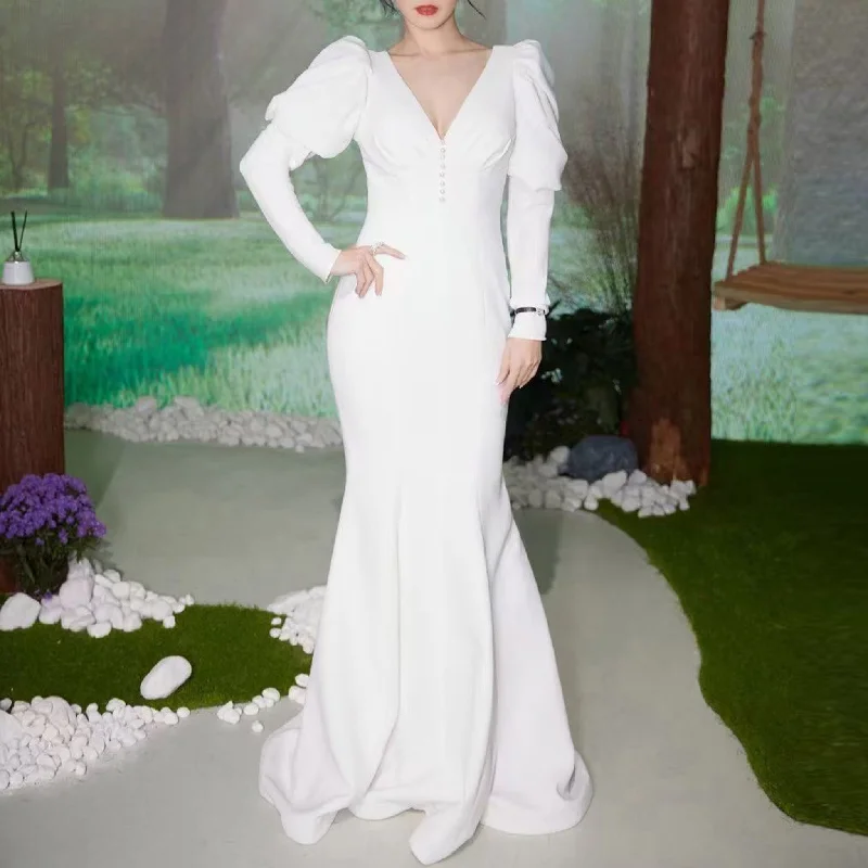 Women's Vintage-Inspired Clothing Father'S Day Deals Puffy Sleeve Sheath Bridal Gown V-neck Wedding Dress Women's Vintage-Inspired Clothing Father'S Day Deals Puffy Sleeve Sheath Bridal Gown V-neck Wedding Dress
