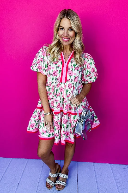 Chic Clothing For Women Ends Soon Notch Neck Double Striped Trim Floral Tiered Dress in Pink Chic Clothing For Women Ends Soon Notch Neck Double Striped Trim Floral Tiered Dress in Pink
