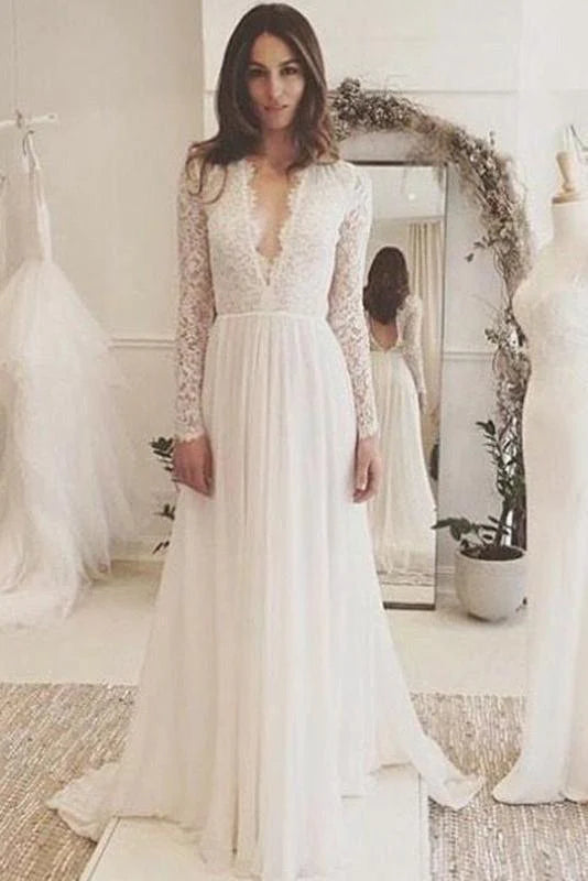 Women's Tailored Outfit Day-To-Night Styles Off White Chiffon Open Back Long Sleeves Wedding Dress Simple A Line V Neck Lace Prom Dress Women's Tailored Outfit Day-To-Night Styles Off White Chiffon Open Back Long Sleeves Wedding Dress Simple A Line V Neck Lace Prom Dress