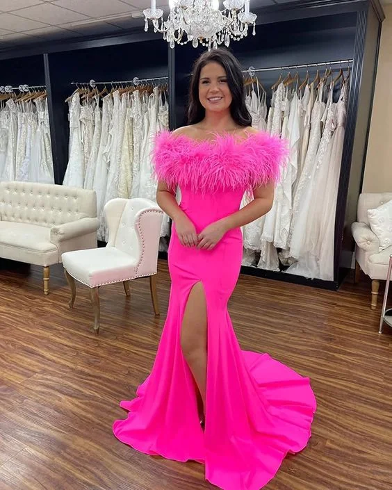 Women's Formal Event Outfit Vintage Style Clothing Sale Mermaid Satin Off The Shoulder Feathers Long High Split Prom Dresses S1791 Women's Formal Event Outfit Vintage Style Clothing Sale Mermaid Satin Off The Shoulder Feathers Long High Split Prom Dresses S1791