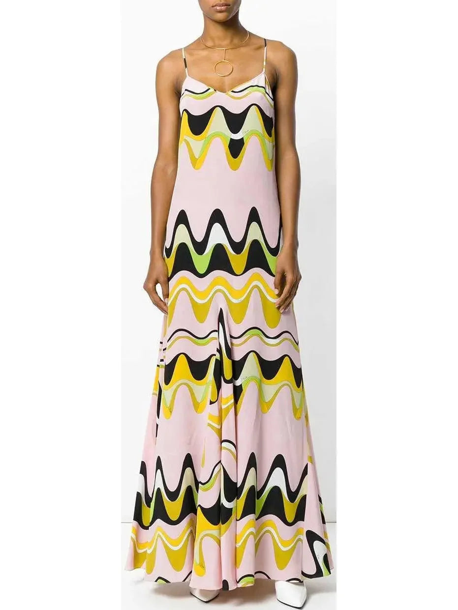 Women's Chic Outerwear Outfit Fashion-Forward Outfits Waves Print Maxi Dress