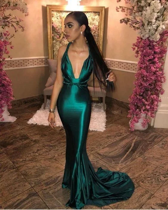 Women's Professional Clothes Limited Time Offers Deep V Neck Prom Dress, Satin Evening Gowns     S2465