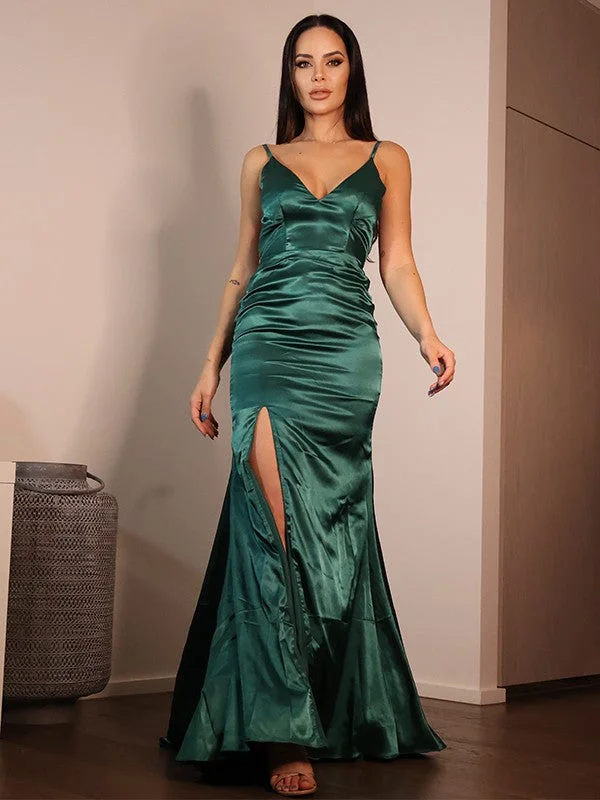 Women's Casual Apparel For Weekends Stylish Looks Sheath/Column Silk like Satin Ruched V-neck Sleeveless Sweep/Brush Train Dresses Women's Casual Apparel For Weekends Stylish Looks Sheath/Column Silk like Satin Ruched V-neck Sleeveless Sweep/Brush Train Dresses