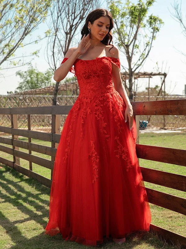 Women's Seasonal Attire Wardrobe Essentials A-Line/Princess Tulle Applique Off-the-Shoulder Sleeveless Floor-Length Dresses Women's Seasonal Attire Wardrobe Essentials A-Line/Princess Tulle Applique Off-the-Shoulder Sleeveless Floor-Length Dresses