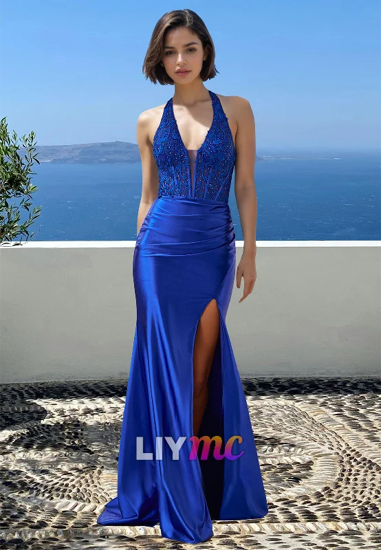 Women's Layered Outfit Coastal Beach - Inspired Style V-Neck Straps Sleeveless Appliques Side Slit Sheath Prom Dress Women's Layered Outfit Coastal Beach - Inspired Style V-Neck Straps Sleeveless Appliques Side Slit Sheath Prom Dress