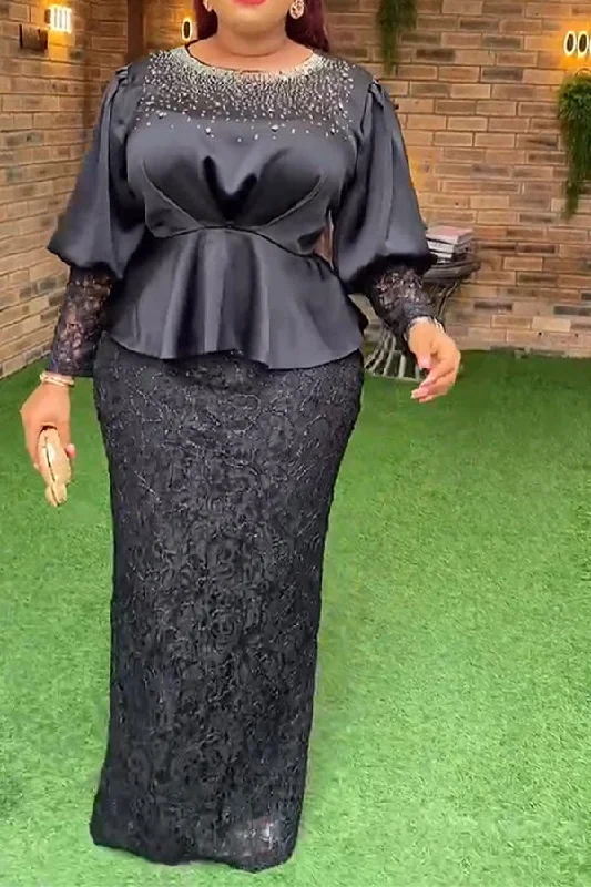 Women's Outdoor Activity Garments Graceful Cut Rhinestone Lace Patchwork Festive Peplum Maxi Dress Women's Outdoor Activity Garments Graceful Cut Rhinestone Lace Patchwork Festive Peplum Maxi Dress