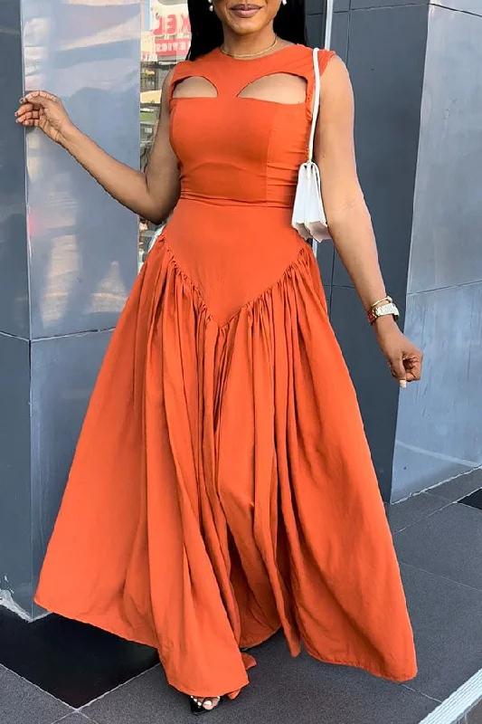 Women's Athletic Apparel Refined Simplicity Solid Color Cutout Design Stylish Pleated Maxi Dress