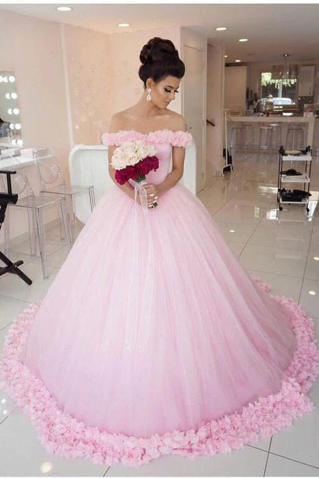 Women's Romantic Outfit Spring Fashion Pink Long Sleeveless Flowers Off the Shoulder Lace up Tulle Ball Gown Wedding Dresses Women's Romantic Outfit Spring Fashion Pink Long Sleeveless Flowers Off the Shoulder Lace up Tulle Ball Gown Wedding Dresses