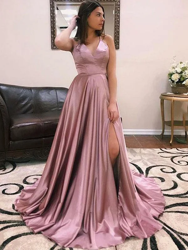 Women's Charming Outfit For Events Seasonal Trend A-Line/Princess Silk like Satin Ruffles V-neck Sleeveless Sweep/Brush Train Dresses Women's Charming Outfit For Events Seasonal Trend A-Line/Princess Silk like Satin Ruffles V-neck Sleeveless Sweep/Brush Train Dresses