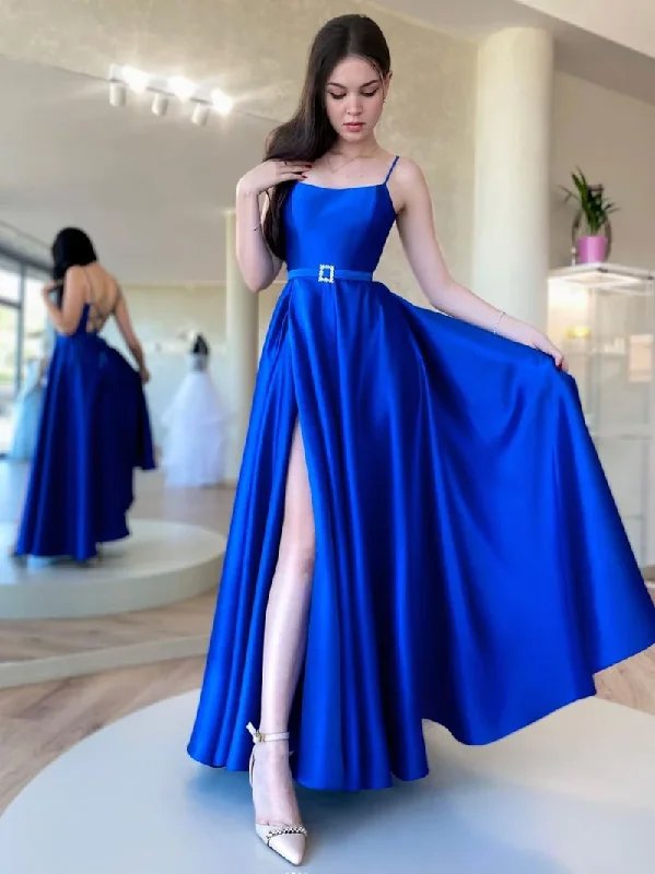 Women's Elegant Formal Outfit Women's Fashion Hotspots SIMPLE BLUE SATIN LONG PROM DRESSES, BLUE FORMAL PARTY DRESS S1354 Women's Elegant Formal Outfit Women's Fashion Hotspots SIMPLE BLUE SATIN LONG PROM DRESSES, BLUE FORMAL PARTY DRESS S1354