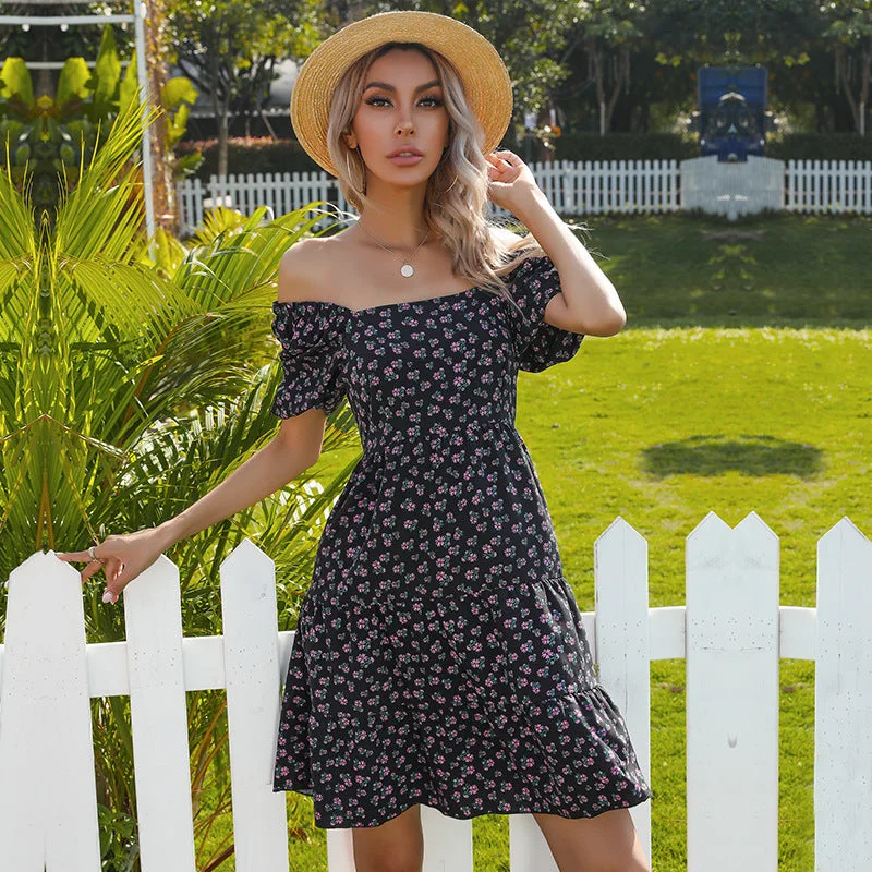 Women's Professional Outfit Limited Edition IKEARLAX Summer bubble sleeve one-word neck dress women's collar lisianthus short skirt cross-border floral dress Women's Professional Outfit Limited Edition IKEARLAX Summer bubble sleeve one-word neck dress women's collar lisianthus short skirt cross-border floral dress