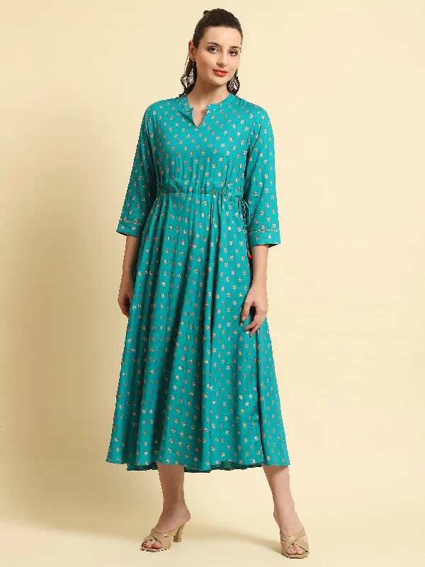 Women's Elegant Formal Outfit Trendy Street Style Women Turquoise Blue Floral Printed Dress Women's Elegant Formal Outfit Trendy Street Style Women Turquoise Blue Floral Printed Dress