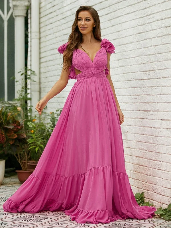Stylish Women's Attire Great Prices On Feminine Styles A-Line/Princess Chiffon Ruffles V-neck Sleeveless Sweep/Brush Train Dresses Stylish Women's Attire Great Prices On Feminine Styles A-Line/Princess Chiffon Ruffles V-neck Sleeveless Sweep/Brush Train Dresses