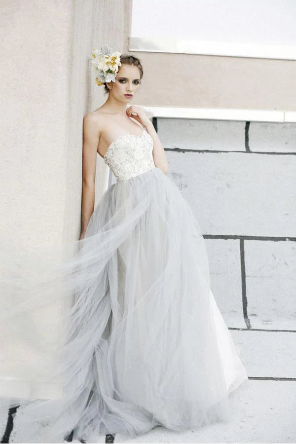 Women's Occasion Wear Clothes Romantic Date - Night Ensemble Sexy Top A-line White Lace Grey Tulle Strapless Sweetheart Neck Wedding Dress Women's Occasion Wear Clothes Romantic Date - Night Ensemble Sexy Top A-line White Lace Grey Tulle Strapless Sweetheart Neck Wedding Dress