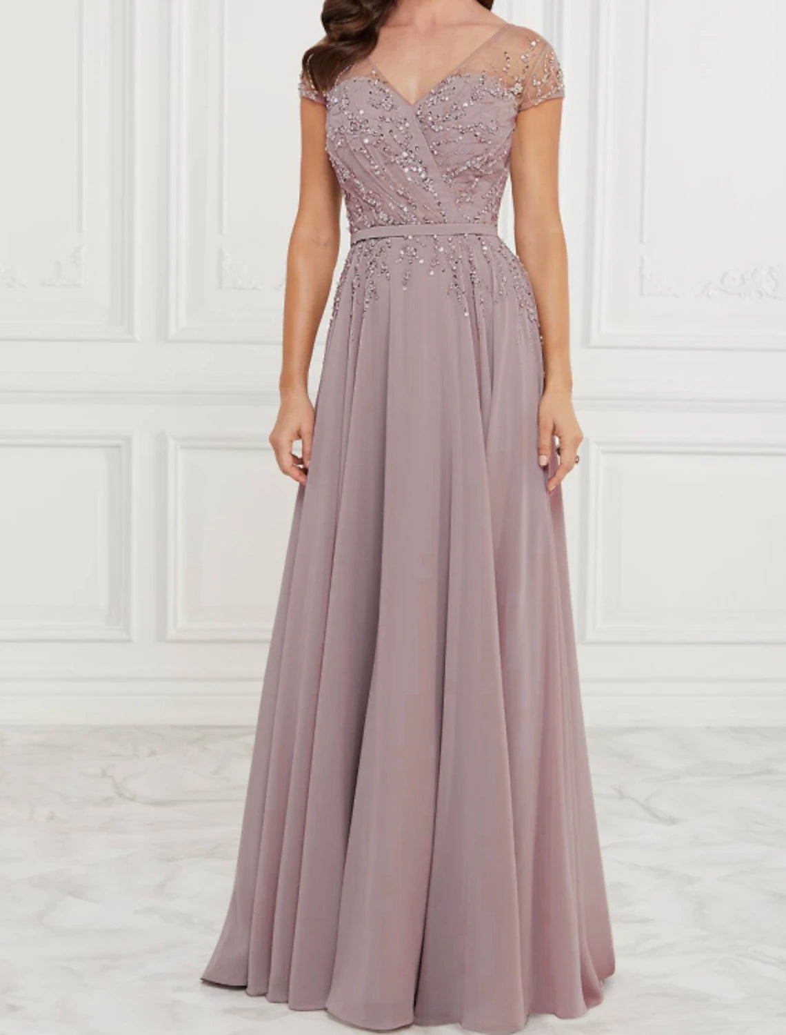 Women's Fashionable Clothing Sets Feminine Elegance A-Line Mother of the Bride Dress Elegant V Neck Floor Length Chiffon Lace Sleeveless with Pleats Sequin Women's Fashionable Clothing Sets Feminine Elegance A-Line Mother of the Bride Dress Elegant V Neck Floor Length Chiffon Lace Sleeveless with Pleats Sequin