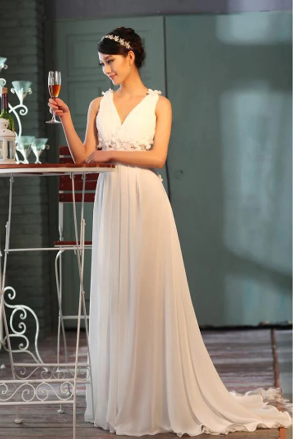 Elegant Clothing For Women Great Deals On Ethnic Cultural Wear Sheer Back A-Line V-Neck Floor-Length Chiffon Appliques Sleeveless Wedding Dress Elegant Clothing For Women Great Deals On Ethnic Cultural Wear Sheer Back A-Line V-Neck Floor-Length Chiffon Appliques Sleeveless Wedding Dress