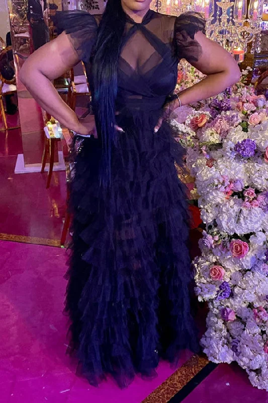 Women's Effortless Casual Outfit Trend Alert Solid Color Striking See-Through Tiered Ruffle Maxi Dress Women's Effortless Casual Outfit Trend Alert Solid Color Striking See-Through Tiered Ruffle Maxi Dress