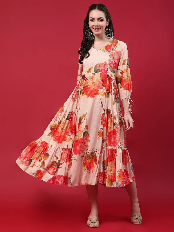 Women's Weekend Outfit Vibrant Femme Fashion Women Peach Floral Printed Dress