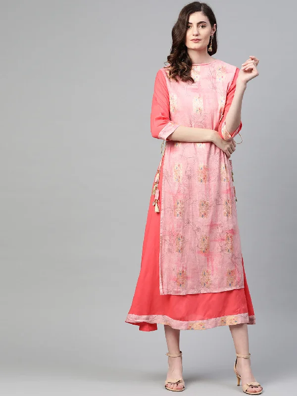 Women's Charming Outfit For Events Sophisticated Outfits Women Coral & Pink Rayon Floral Layered Dress Women's Charming Outfit For Events Sophisticated Outfits Women Coral & Pink Rayon Floral Layered Dress
