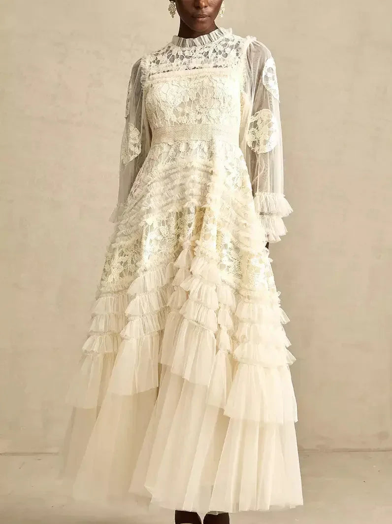 Charming Women's Outfit For Special Occasions Chic Styles Lace-Embroidered Layered Tiered Maxi Dress Charming Women's Outfit For Special Occasions Chic Styles Lace-Embroidered Layered Tiered Maxi Dress