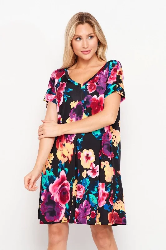 Women's Resort Garments Feminine Flow Floral Printed Short Sleeve V-Neck Dress