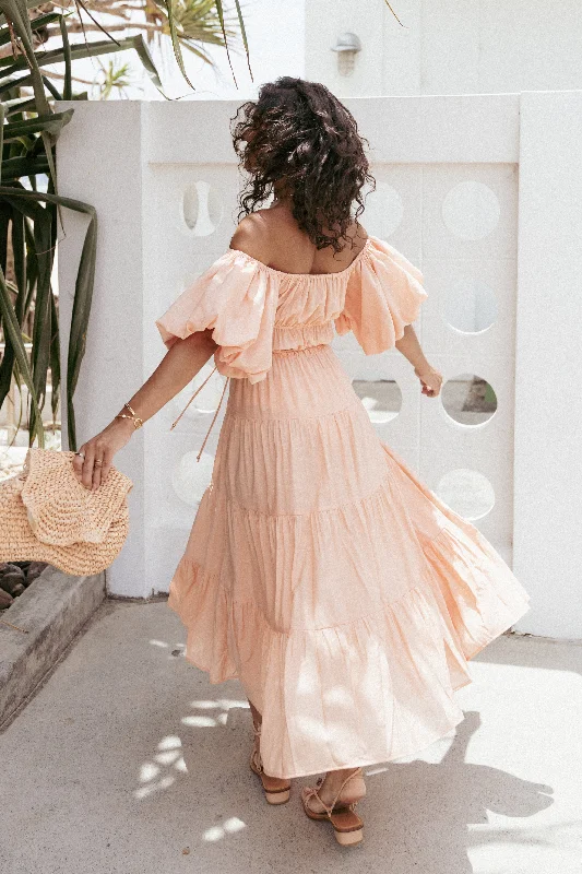 Affordable Women's Garments Runway Inspired Wear Julie Off Shoulder Midi Dress - Peach Affordable Women's Garments Runway Inspired Wear Julie Off Shoulder Midi Dress - Peach
