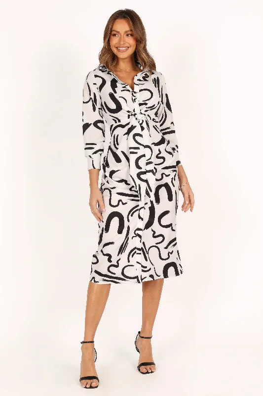 Women's Luxury Attire Chic Style, Always In Vogue Minori Long Sleeve Midi Dress - White Black